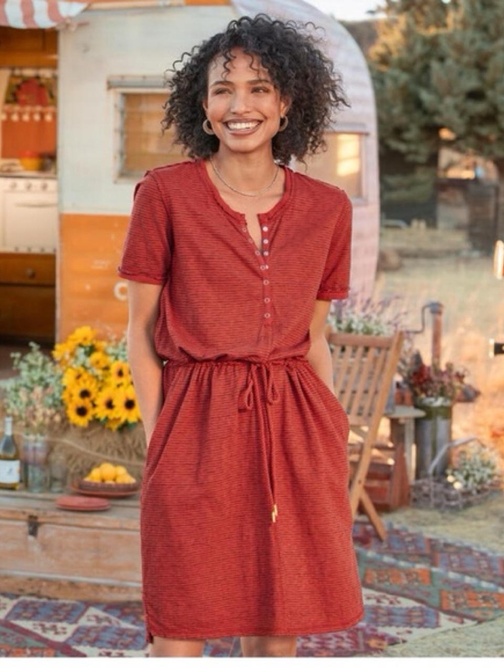 Sundance "Candice" Striped Easy Dress - Red/Burgundy Knit Henley Mini Dress